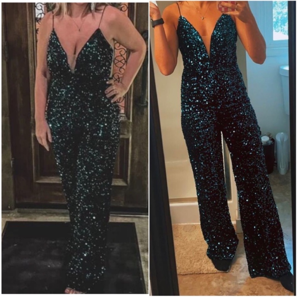 Green Luxe Sequin Wide Leg High Waisted Cami Jumpsuit XS S M L XL